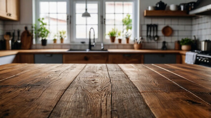 Wood table top on blur kitchen room background For montage product display or design key visual layout
