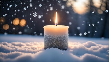 a solitary candle illuminates the snow creating a serene atmosphere as delicate snowflakes fall gently around it