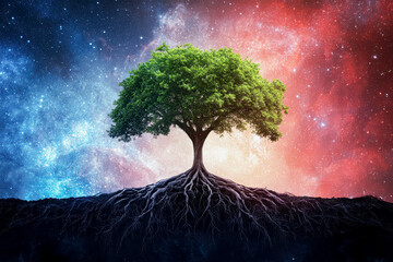 Wall Mural - A tree with roots that are visible in the sky