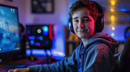 Teenage boy enjoying gaming in a high-tech room with vibrant lighting during late evening hours