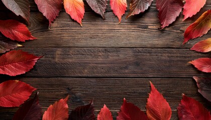 Wall Mural - frame of colorful red autumn leaves on rustic dark wooden table