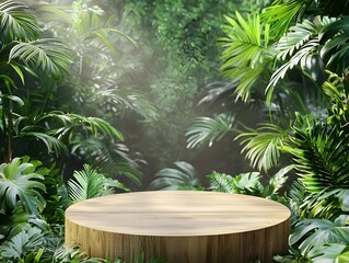 Wooden Podium Surrounded by Lush Tropical Plants for Natural Product Display Backdrop