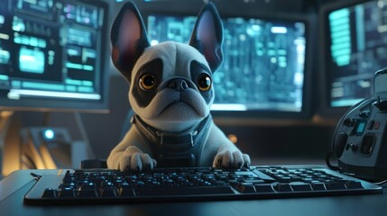 French Bulldog Working on Computer