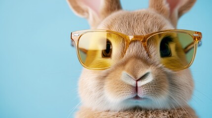 Wall Mural - Cute Bunny Wearing Sunglasses  Easter Animal  Blue Background