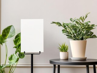 Blank cafe menu mockup on a black metal stand, placed on a small cafe table with natural light, table menu mockup, industrial style