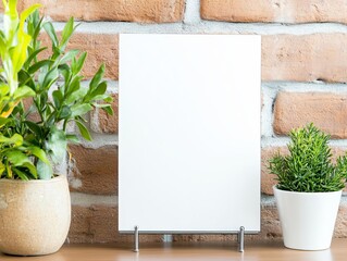 Close-up of a blank cafe menu in a metal stand, set against a brick wall background, ideal for modern cafe branding, table menu mockup, urban look