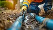 © practice  - Construction worker laying polyethylene pipe for water or gas in the ground