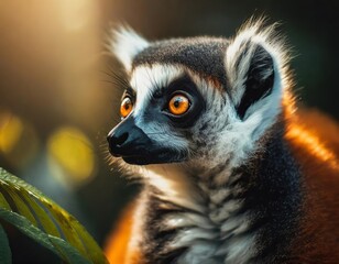 baby lemur with orange eyes and a black nose. it is looking next to the camera. the lemur is standin