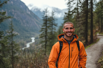 Man in orange jacket and black pants stands on mountain trail.