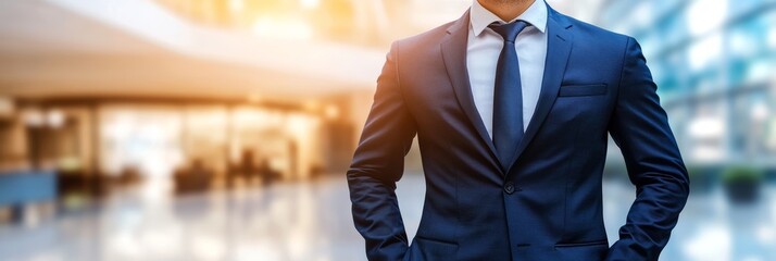 A man in a sleek suit poses confidently in a bright, contemporary office lobby, showcasing professionalism and elegance