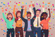 © Alberto Gonzalez  - Group of diverse animated characters celebrating with raised hands and falling confetti.