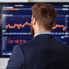 A man in a suit analyzing stock market data on a digital screen.