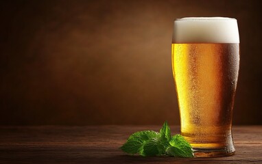 A refreshing glass of beer with foam sits on a wooden surface, accompanied by a sprig of mint, set against a warm brown background.