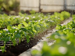 Lush community garden irrigated with treated wastewater symbolizing circular reuse of water for agriculture and greenery