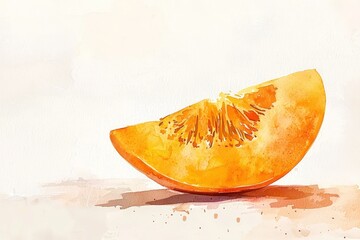 A vibrant watercolor illustration of a sliced orange, showcasing its juicy interior and bright color against a neutral background.