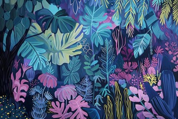 Vibrant tropical foliage depicted in a colorful jungle scene showcasing lush greenery and diverse plant life