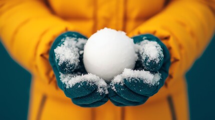 A person holds a perfectly round snowball in gloved hands, showcasing winter fun and the beauty of snowfall.