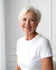 Smiling Senior Woman in Basic White Tee Shirt