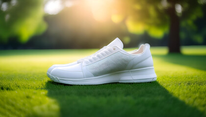 Plain white sneakers on a green grass with blur green bokeh background