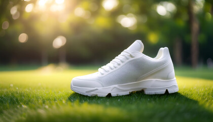 Plain white sneakers on a green grass with blur green bokeh background