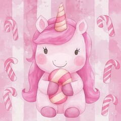 Cute pink unicorn holding a candy cane, perfect for children's themes, digital art, posters, or festive decorations.