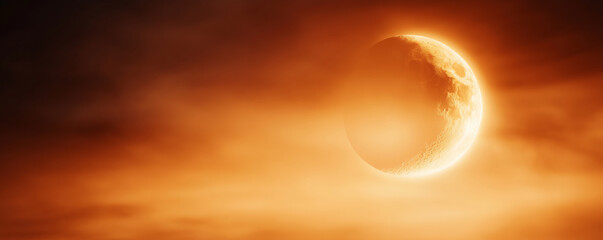 Wall Mural - Glowing crescent moon shines through shifting orange clouds, painting a striking and atmospheric nightscape