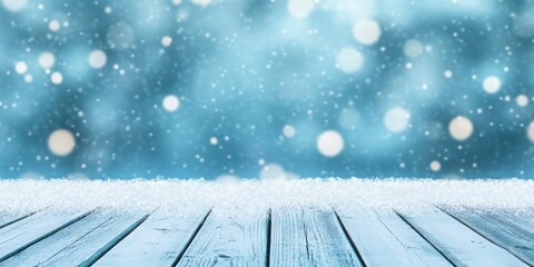 Wall Mural - wooden floor with snow, snowfall on blue blur bokeh background