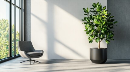 Wall Mural - An office interior with a clear white wall for mockups next to a potted plant, showcasing a modern clean design. Generative AI