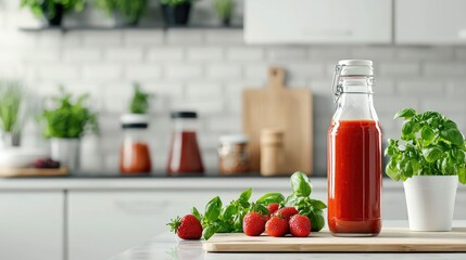 Fresh Tomato Sauce with Ingredients on Kitchen Counter