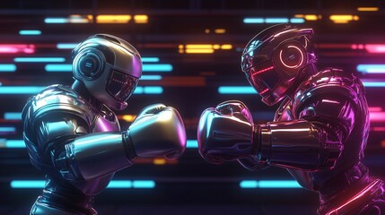 robot boxer fighting on neon light with dark background