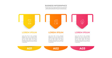 Vector template arrow infographics with 3 steps. Business premium creative concept with options, labels, parts. Three steps for content, flowchart, timeline, levels, presentation.