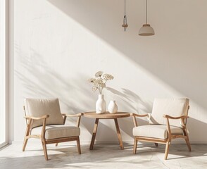 Two beige armchairs with wooden frames and a round wooden table with two vases of white flowers in a minimalist living room