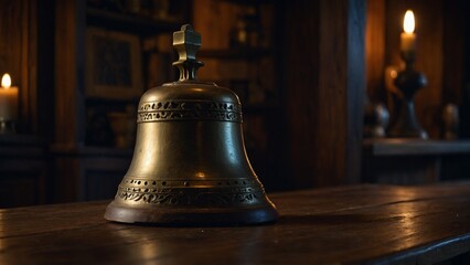 antique brass bell on wooden table in cozy ambient setting