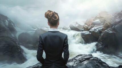 Businesswoman Observing Waterfall: Symbolizing Persistence and Adaptability in Business