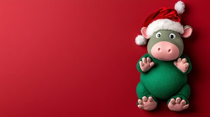 Cute Green Hippopotamus in Santa Hat on Red Background