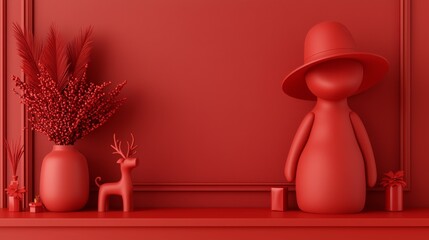 Wall Mural - Red Minimalist Christmas Decoration with Reindeer  Hat  and Ornaments