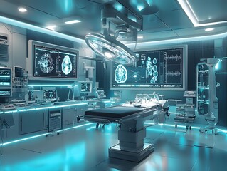 Wall Mural - Futuristic Operating Theater with Nanotechnology Powered Precision Surgery and Holographic Screens