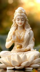 White marble statue of a Hindu goddess in a meditative pose, holding a golden pot.