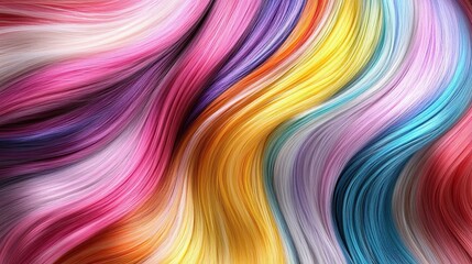 Women's hair close-up. Wavy curls are dyed in bright multicoloured colours and look well-groomed. Hair colouring in modern shades. Hairdressing procedures, extensions. Design for advertising.