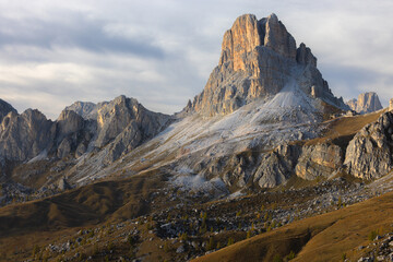 Monte Nuvolau stands majestically within the Italian Dolomites at Giau Pass, with rugged rocky slopes, dramatic ridges, and breathtaking views capturing the essence of this epic alpine landscape.