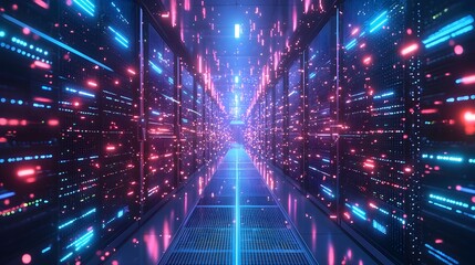 glowing quantum server farm representing rapid quantum communication and the future of the quantum i