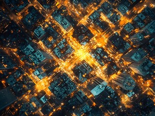 Aerial View of a Futuristic Tech Powered City Glowing with Connected Smart Grid Infrastructure