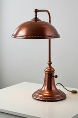 An old metal table lamp with a warm copper finish and a rounded, curved lampshade on a white background highlighting the elegant, vintage charm of the lamp. AI generated.