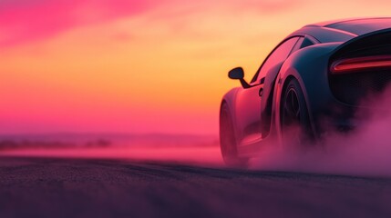 Dynamic Car Kicking Up Dust on Track at Sunset