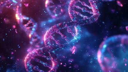 Detailed diagram of a DNA double helix with glowing nitrogen bases, ideal for biotech presentations or genetic research papers.