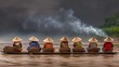 © PB Studio - River Spirits: Traditional Thai dancers perform on a floating stage, their costumes vibrant against the dark water. Incense smoke curls upward. Copy space near the dancers.