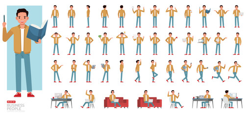 Wall Mural - big set of businessman wear brown jacket character vector design. people working in office planning,