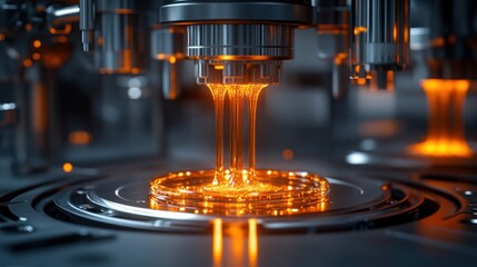 Close-up of a high-tech machine dispensing a liquid with an orange glow.