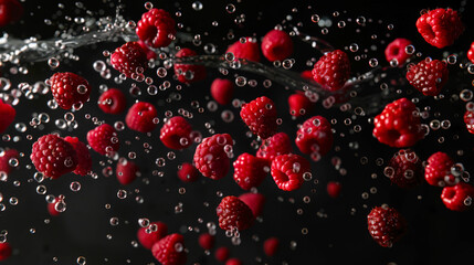 Close-up of a bunch of juicy red raspberries floating in a stream of bubbles on a black background. Washing raspberries in clear, clear water