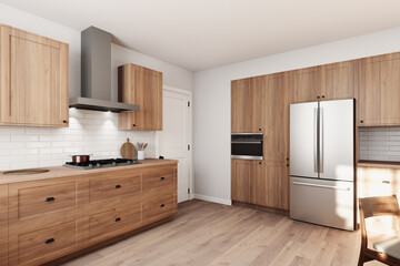 Wall Mural - A beautifully designed modern minimalist kitchen with stylish wood cabinets and top appliances